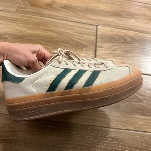adidas Women’s Gazelle Platform Sneaker - Cream with Dark Green Stripes